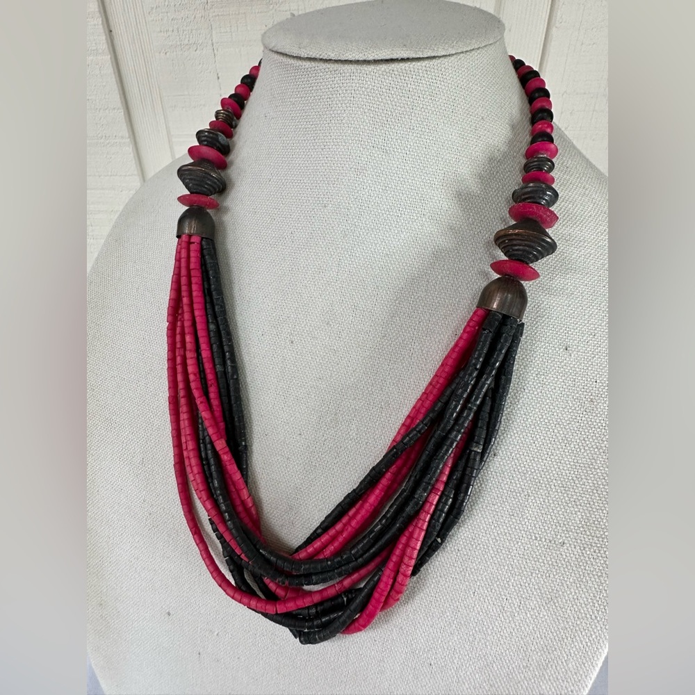 Ethnic vibe hot pink black wooden bead necklace